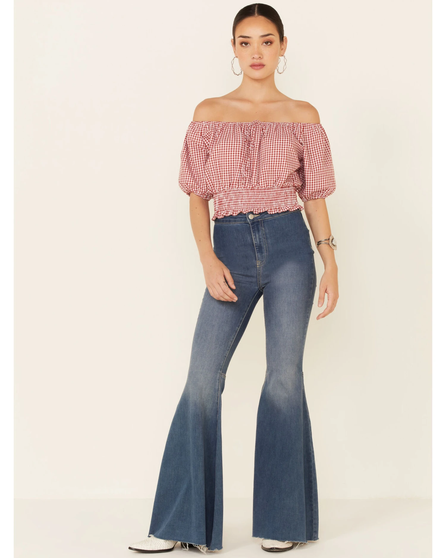 Beyond The Radar Women's Gingham Off-Shoulder Peasant Crop Top 2 Beyond The Radar Women's Gingham Off-Shoulder Peasant Crop Top - Image 2