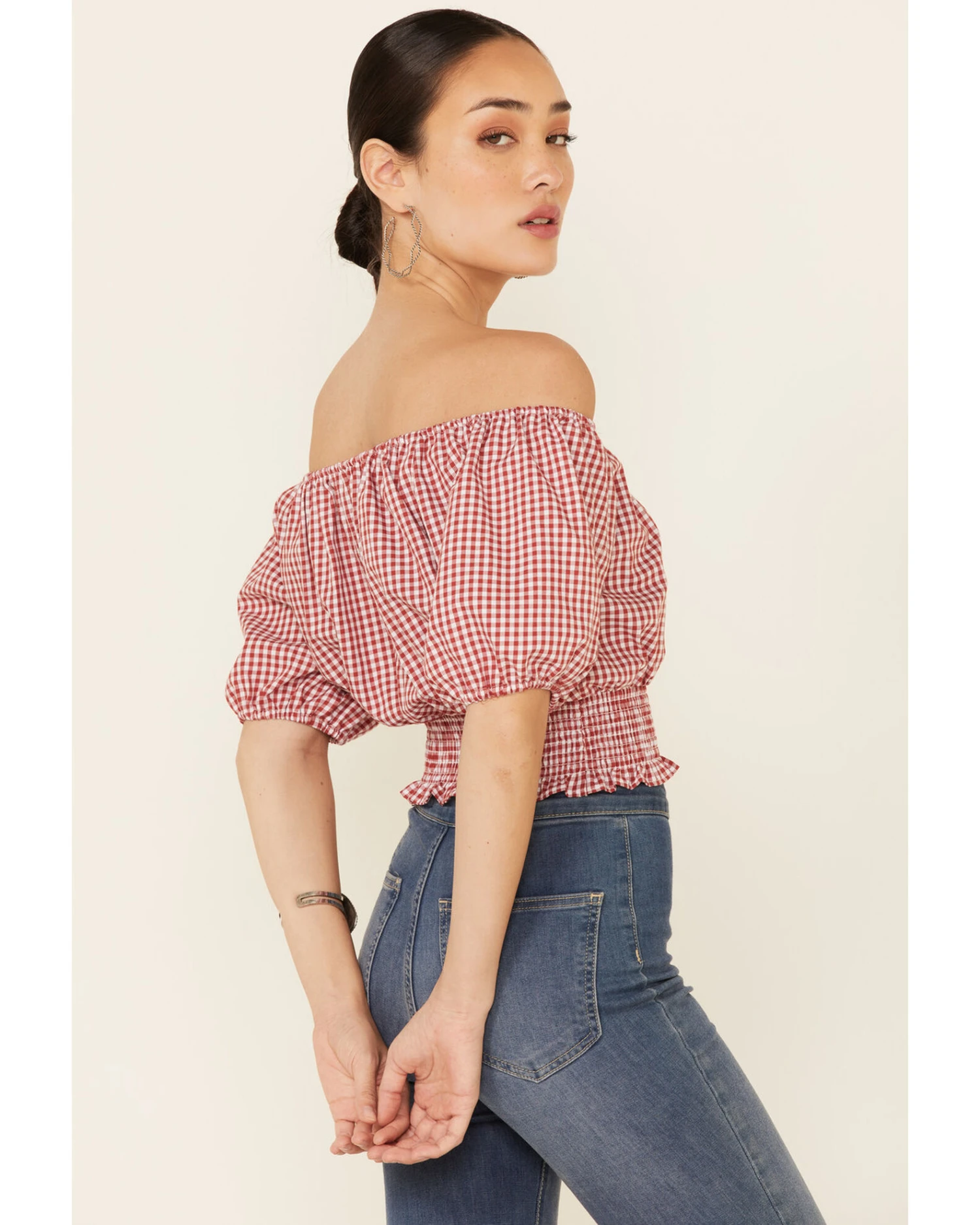Beyond The Radar Women's Gingham Off-Shoulder Peasant Crop Top 4 Beyond The Radar Women's Gingham Off-Shoulder Peasant Crop Top - Image 4