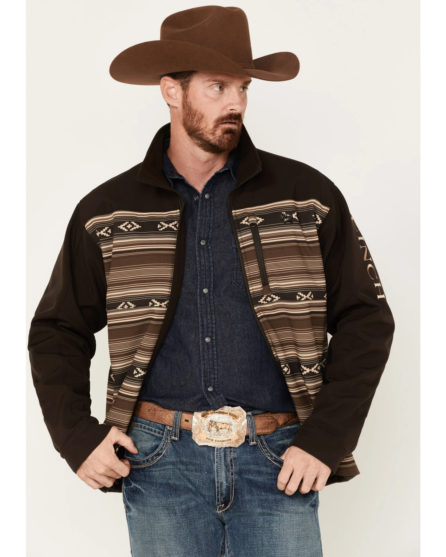 Cinch Men's Color-Block Southwestern Print Logo Zip-Front Softshell Jacket 1 Cinch Men's Color-Block Southwestern Print Logo Zip-Front Softshell Jacket