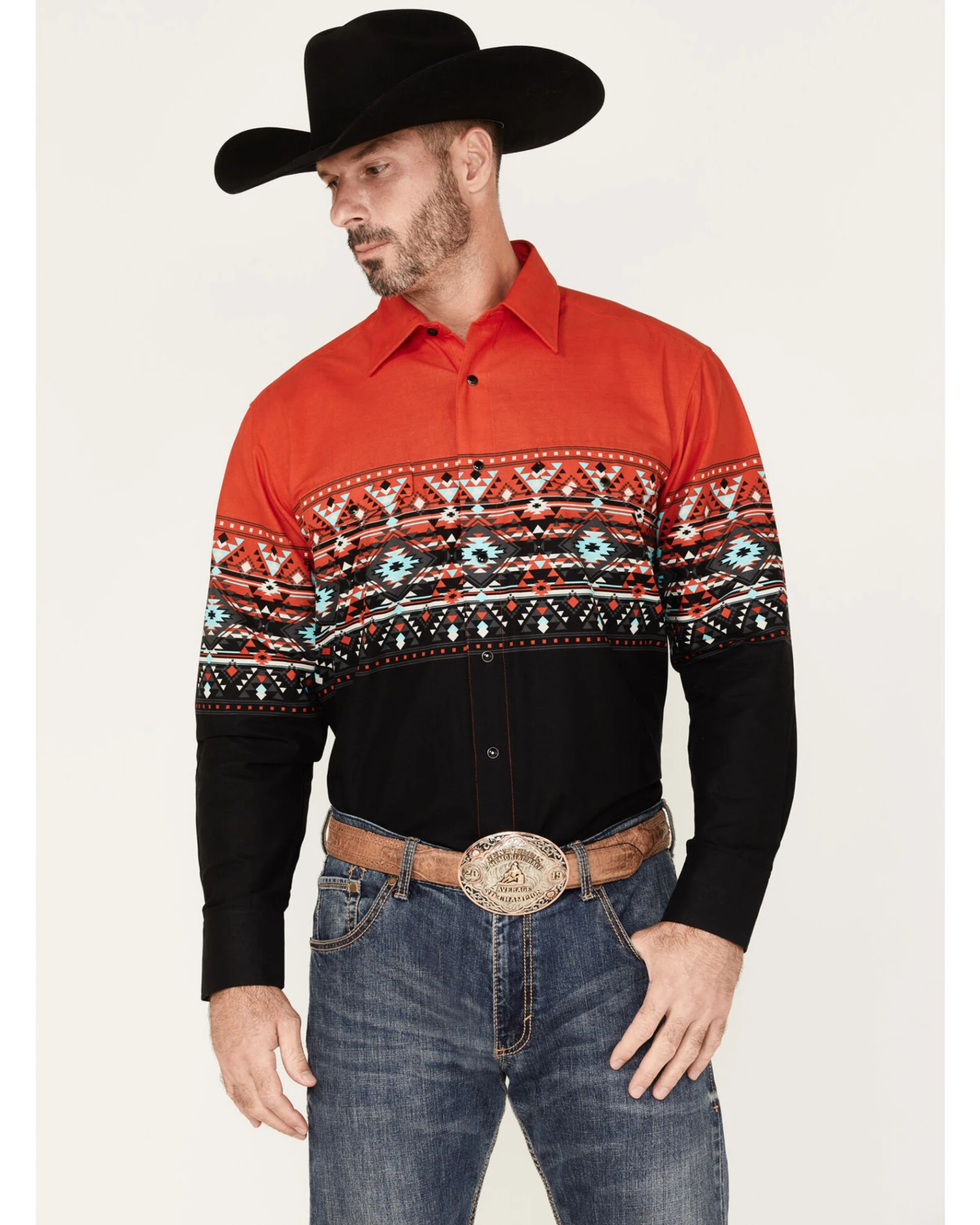 Panhandle Men's Southwestern Boarder Print Long Sleeve Snap Shirt 1 Panhandle Men's Southwestern Boarder Print Long Sleeve Snap Shirt