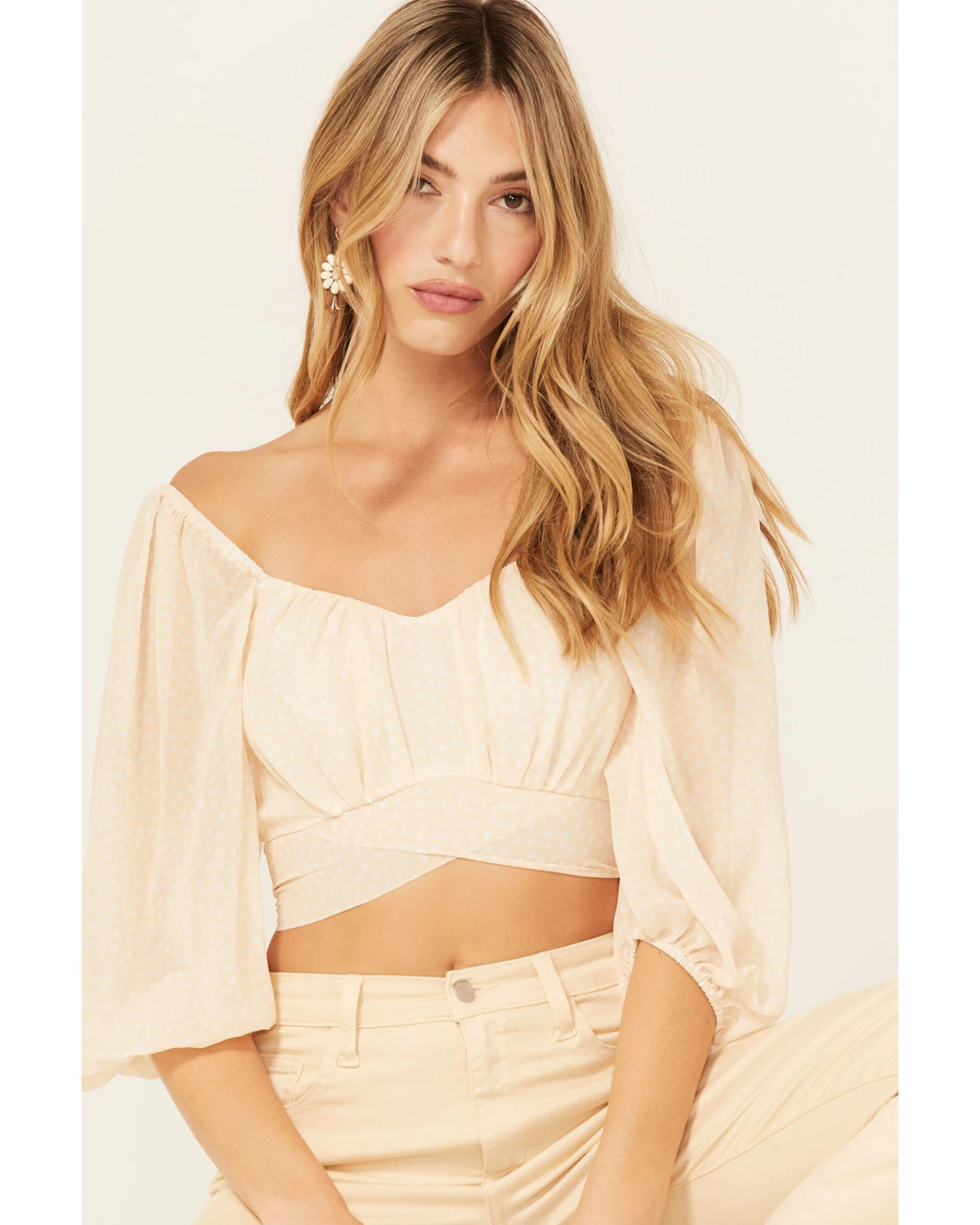 Beyond The Radar Women's Sheer Dot Puff Sleeve Crop Top 1 Beyond The Radar Women's Sheer Dot Puff Sleeve Crop Top