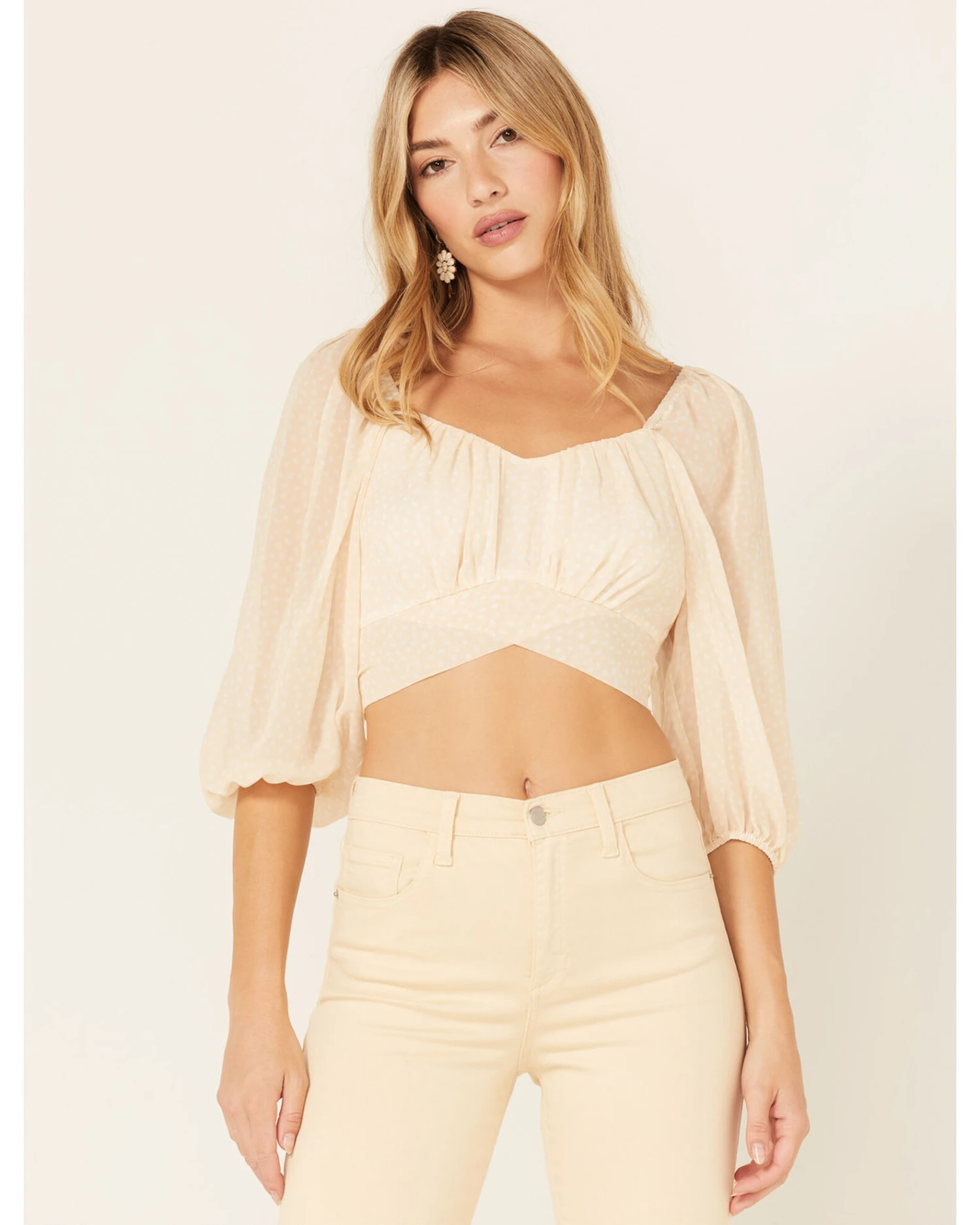 Beyond The Radar Women's Sheer Dot Puff Sleeve Crop Top 2 Beyond The Radar Women's Sheer Dot Puff Sleeve Crop Top - Image 2