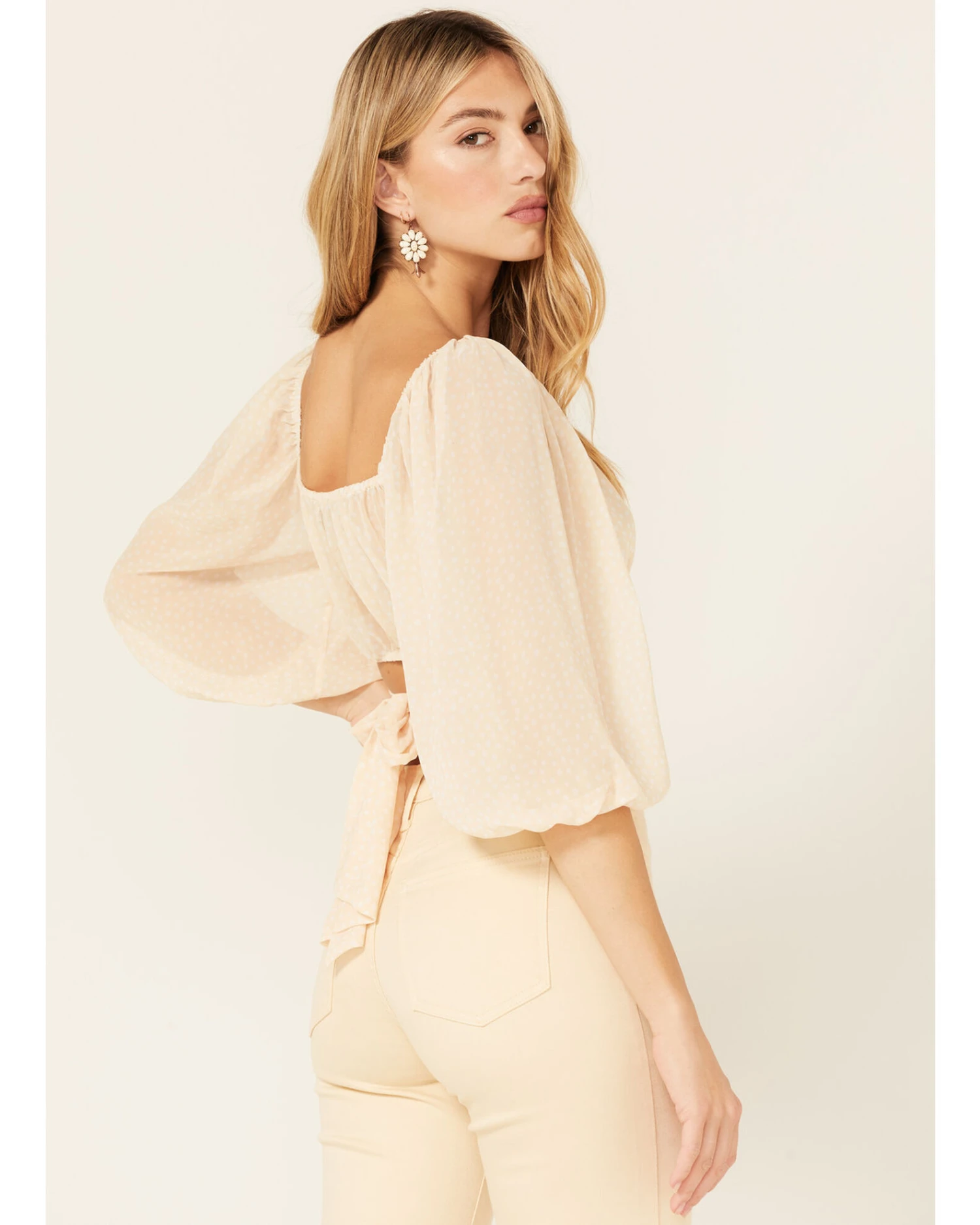 Beyond The Radar Women's Sheer Dot Puff Sleeve Crop Top 4 Beyond The Radar Women's Sheer Dot Puff Sleeve Crop Top - Image 4